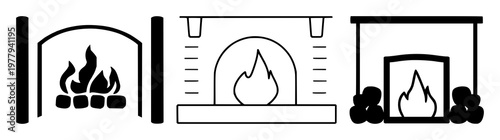 Fireplace icon set with solid black line illustration on white background featuring fire, stove, hearth with cozy and modern