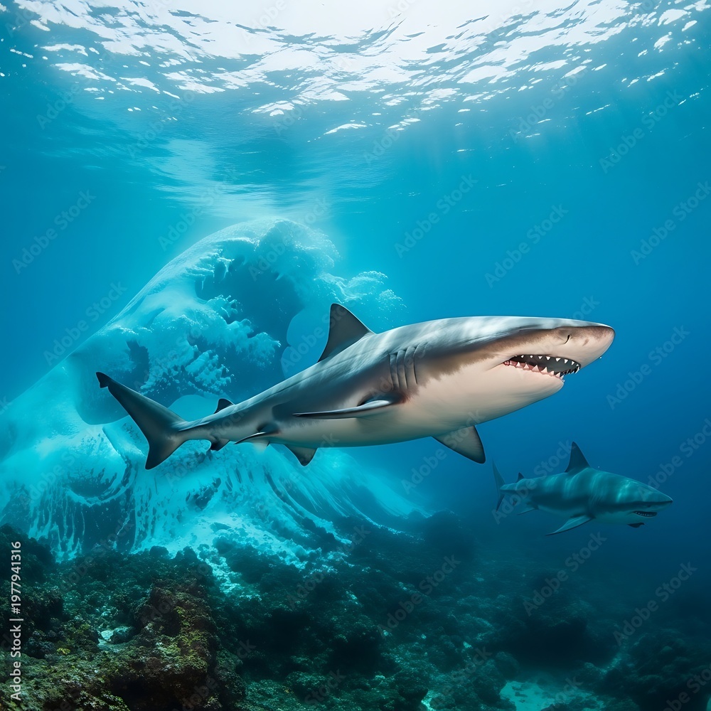 Fototapeta premium Underwater view of a shark swimming in the ocean with clear water