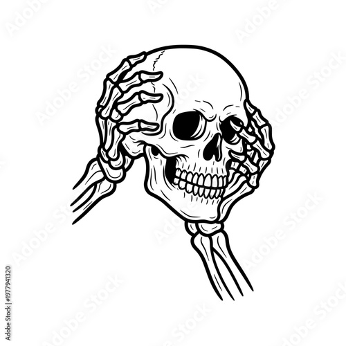 Skeleton hands holding skull head in distress.