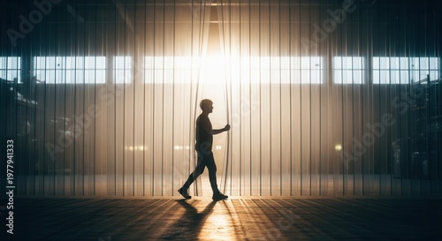 Person walks through plastic strip curtains into a brightly lit warehouse.