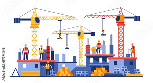 Construction site with cranes, buildings under development, and workers in safety gear