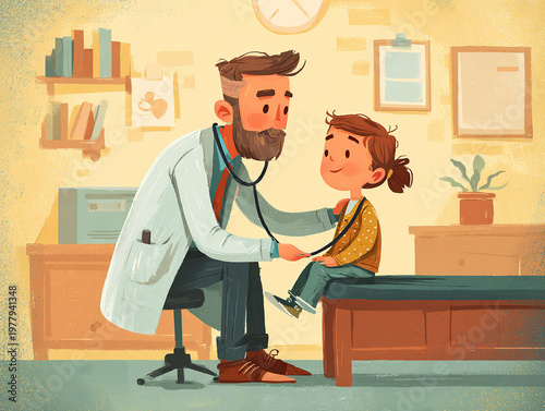 Medical checkup pediatric doctor examining child friendly environment warm tones healthcare trust concept