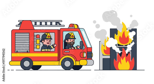 Two friendly firefighters in a red truck rush to extinguish a building fire with smoke and flames