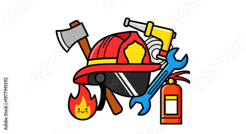 Firefighter Helmet with Tools and Flame Illustration - Safety Equipment and Emergency Response Graphics