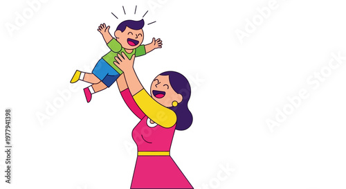Happy mother tossing her joyful child up in the air, celebrating family fun and childhood moments