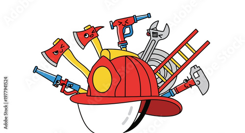 Collection of Firefighter Equipment and Tools Depicted as a Headdress for Protection and Safety