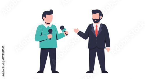 Two men talking with microphones, one interviewing the other for a report or news story