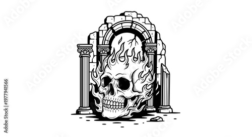 Burning Skull Emerging from Ancient Ruins Archway.