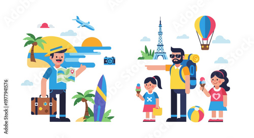 Travel and vacation illustration depicting families and individuals enjoying holidays and sightseeing adventures