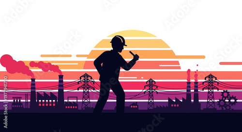 Dedicated industrial worker silhouette overseeing factory landscape at vibrant sunset, symbolizing progress and energy production and infrastructure development