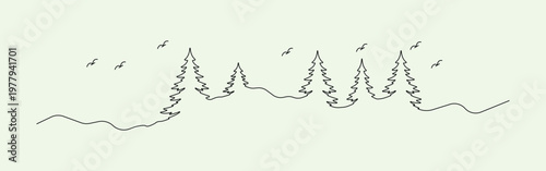 Minimal drawing of birds trees and hills