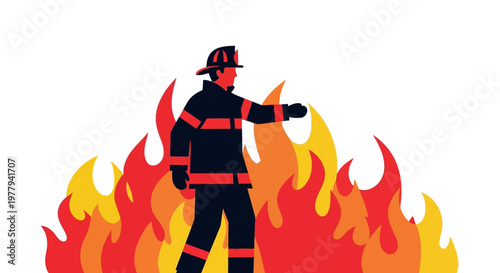Firefighter in uniform with helmet bravely facing a large wall of flames, concept illustration of a hero
