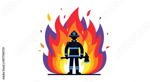 A brave firefighter stands in front of a large fire, holding an axe, ready to battle the blaze