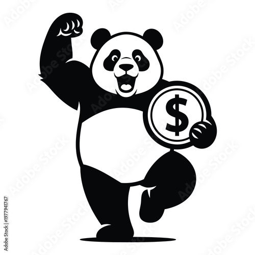 Black and white panda bear holding dollar coin and flexing muscle in fun pose icon