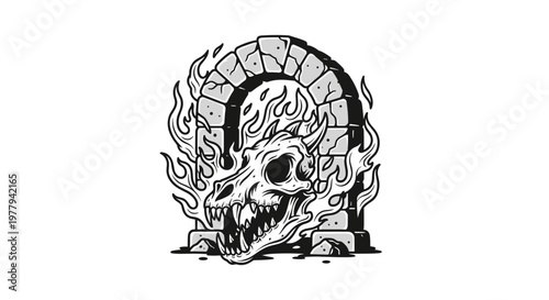 Scary Dragon Skull Archway with Flames Illustration.
