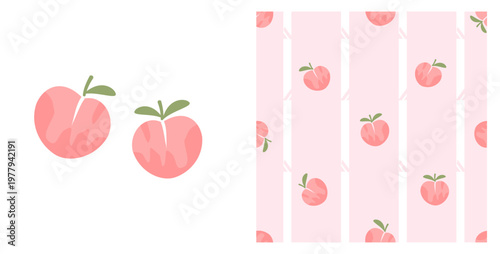 Peach fruit and striped seamless pattern cute pastel pink background design.