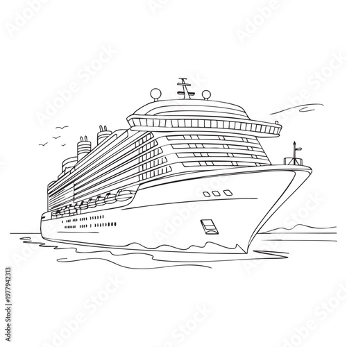 White cruise ship with blue waves and yellow sun on background ocean liner white ship