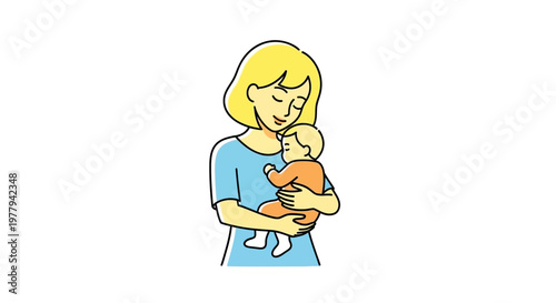 Mother holding a sleeping baby in her arms, illustration of maternal love and care
