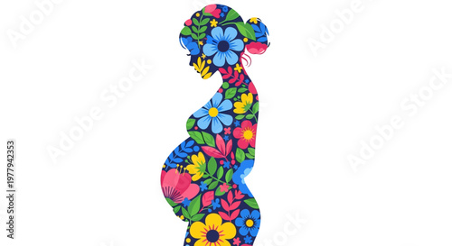 Vibrant floral silhouette of a pregnant woman, symbolizing growth, natural beauty, and the joy of expectant motherhood with colorful botanical patterns