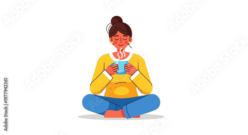 Young woman enjoying a warm beverage in a serene, cozy moment, finding peace and comfort at home