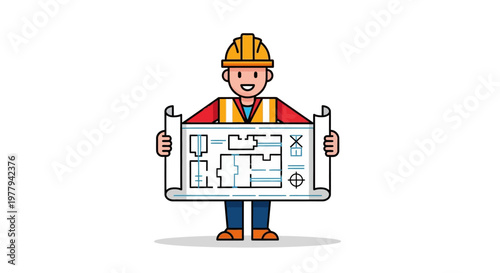 Construction worker in hard hat holding building plans blueprint for a new project construction and engineering concept