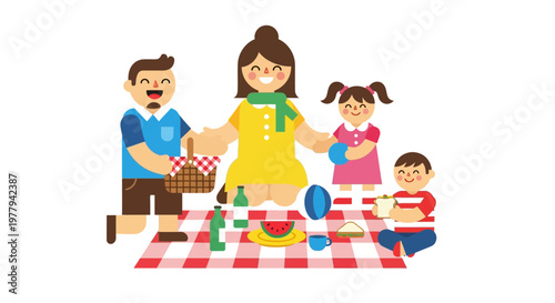 Family having a delightful picnic lunch outdoors on a checkered blanket with food and drinks
