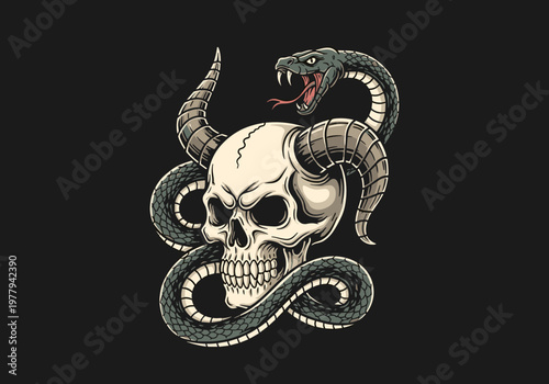 Horror Skull With Horns And Coiled Snake Illustration.