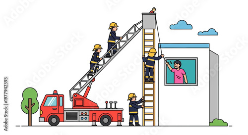 Heroic Firefighters Swiftly Perform a Ladder Rescue Operation to Safely Evacuate a Person from a Building Blaze, Illustrating Emergency Teamwork