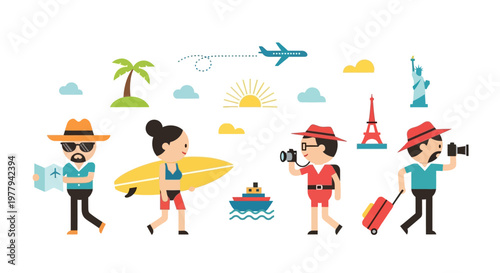 A vibrant illustration depicting various individuals enjoying exciting summer travels and engaging in popular vacation pastimes worldwide