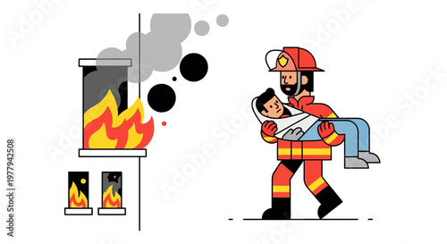 Brave firefighter in uniform rescuing a child from a burning building with smoke and flames visible through the window