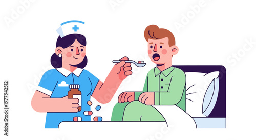 Nurse administering medicine to a patient in bed, illustration of healthcare and medical assistance