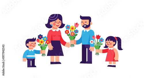 Joyful Family Exchanging Colorful Flower Bouquets, Celebrating Love and Special Moments Together