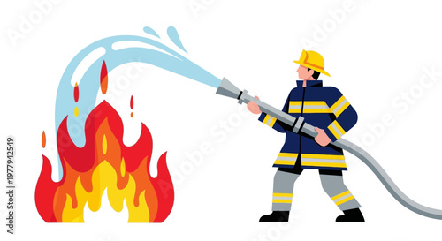 Firefighter bravely dousing flames with a water hose, symbolizing safety and emergency response