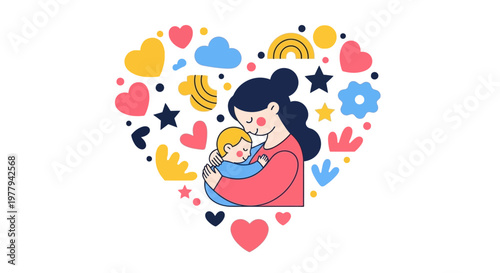 Mother holding her baby in a heart shape with colorful elements celebrating motherhood and family love