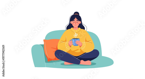 Serene woman relaxing on a cozy sofa, cradling a warm, steaming mug, depicting a peaceful moment of self-care and tranquil comfort at home