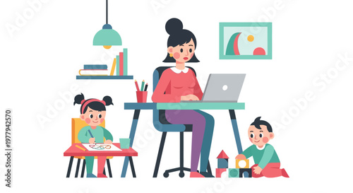 Modern Mother Seamlessly Juggling Remote Work and Childcare at Home, Emphasizing Work-Life Balance and Family Demands