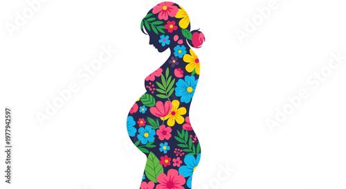 Silhouette of a pregnant woman adorned with vibrant floral patterns representing new life and blossoming motherhood