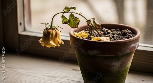 Aesthetic Rustic Decay A solitary withered yellow rose in a terracotta pot by a sunlit window, evoking quiet reflection