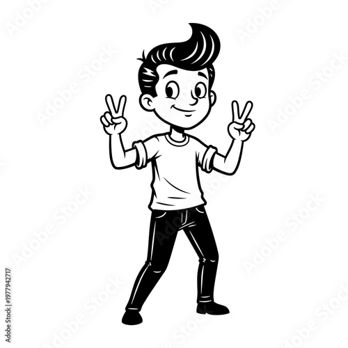 Happy young man making peace sign gesture with both hands.