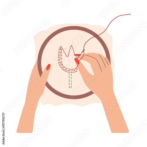 Embroidering Tulip illustration. Flat vector illustration of hands embroidering a tulip flower on fabric in a hoop
