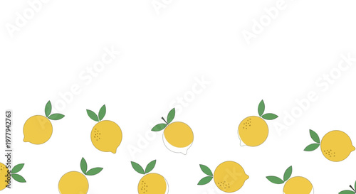 Fresh Yellow Lemons Scattered Across a White Background with Green Leaves for a Vibrant Citrus Design