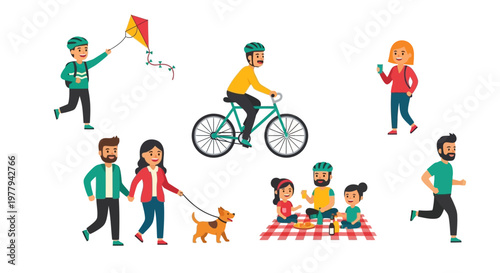 Diverse people enjoying outdoor recreational activities like cycling, kite flying, jogging, walking pets, and picnicking in a park setting