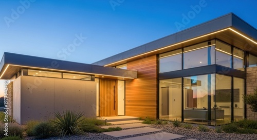 A modern, minimalist house with large windows and wooden accents, set against a backdrop of a clear blue sky and distant mountains.