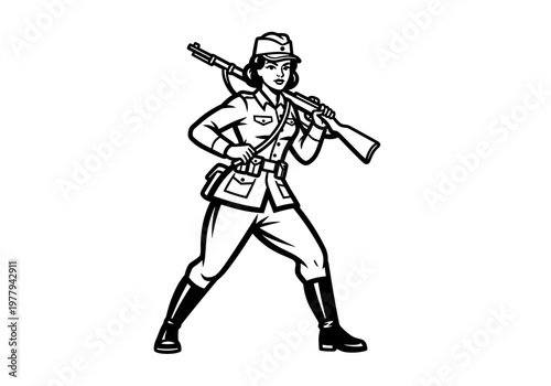 Vintage Female Soldier with Rifle Illustration.