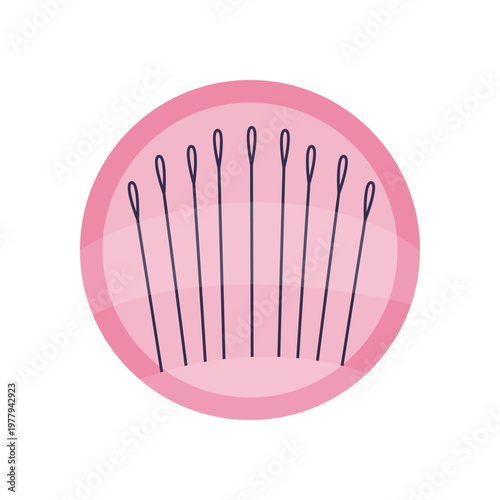 Set of sewing needles arranged in a circle. Minimal flat vector illustration of tailoring tools, crafting supplies, and handmade hobby concept