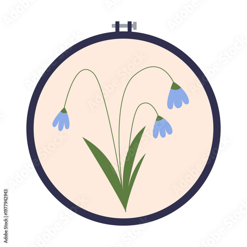 Embroidery hoop with delicate blue flowers. Floral needlework design in flat vector style, handmade craft, DIY embroidery concept on neutral background