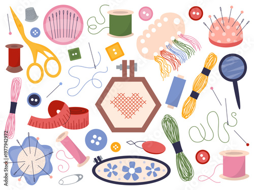 Flat Sewing Tools Set with Embroidery Hoop and Accessories. Collection of sewing and embroidery tools arranged in a modern flat vector style
