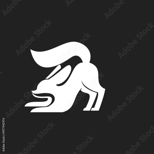 Minimalist White Fox Illustration in Dynamic Pouncing Stance on Black Background