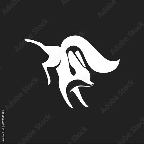 Stylized white fox silhouette logo design in a dynamic jumping pose on a black background, representing agility and modern branding.