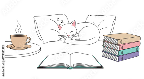 Cozy domestic scene with a sleeping white cat on pillows steaming coffee cup and stack of books symbolizing relaxation